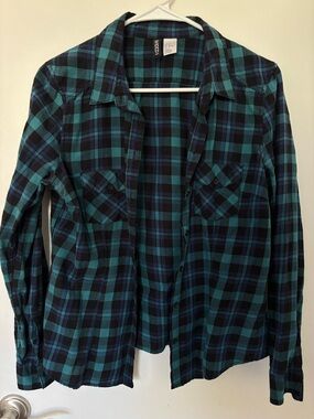 H&M Divided Teal and Black Plaid Button-Up Shirt